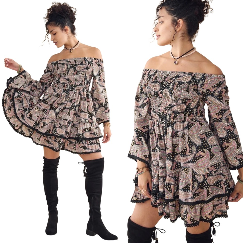 NWT Earthbound Mini Dress S Paisley Bell Sleeve Whimsigoth Festival Fairy Goth